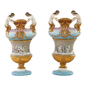 19th Century Pair Porcelain Vases / Urns - a Pair