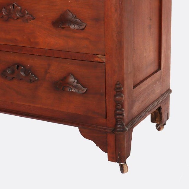 Victorian Walnut 5-Drawer Marble Top Child’s Dresser With Mirror & Carved Pulls Circa 1890 For Sale - Image 3 of 18