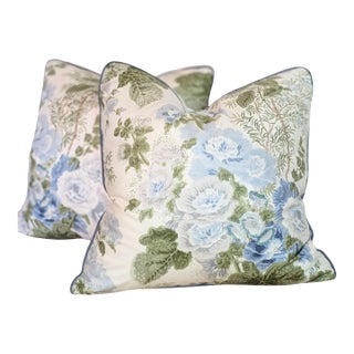 Lee Jofa Hollyhock Cotton Chintz Pillows in Blue/Leaf - Pair For Sale