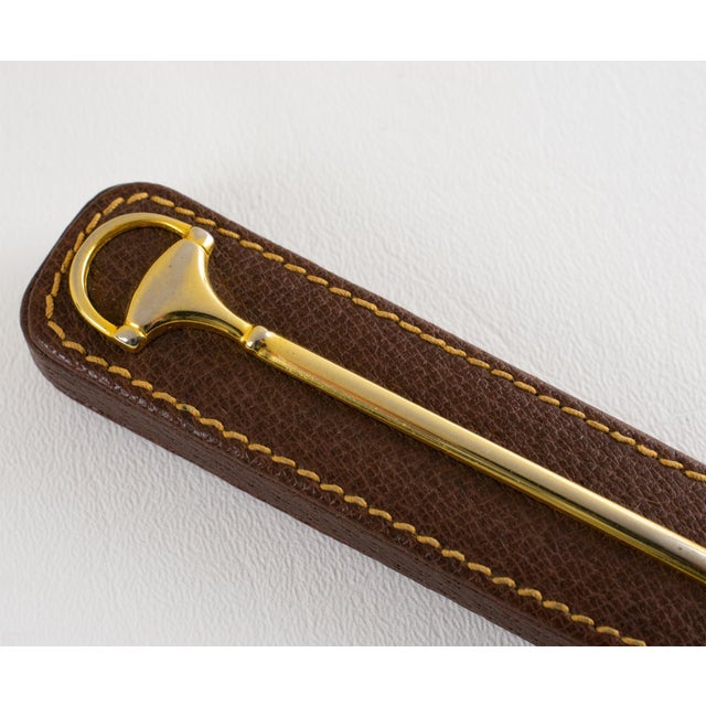 1970s Gucci Brown Leather Desk Letter Opener with Gilded Equestrian Motif, circa 1970 For Sale - Image 5 of 14