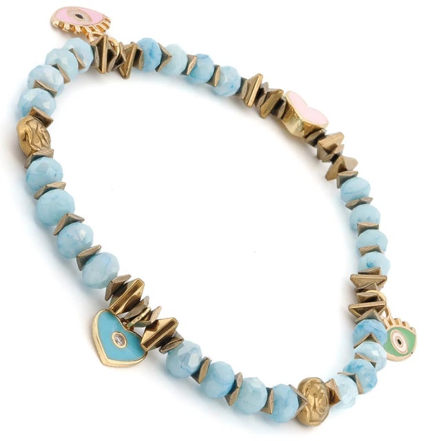 Contemporary Protective Evil Eye Heart Charm Blue Crystal Beaded Anklet For Sale - Image 3 of 7