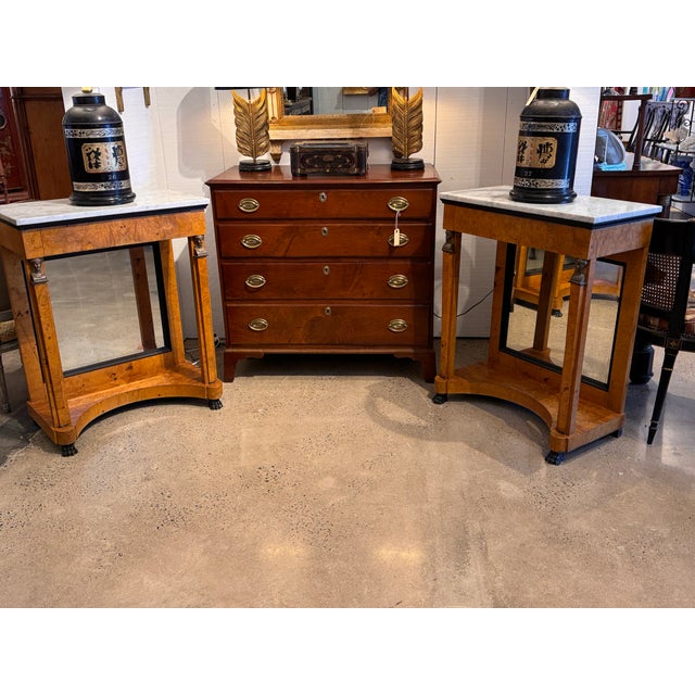 Wood 19th Century Pair Empire Consoles With Burlwood and Marble Tops For Sale - Image 7 of 16