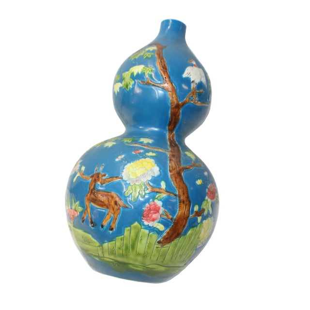 Chinese Matte Cyan Blue Ceramic Scenery Graphic Painting Gourd Vase Ws804 For Sale - Image 4 of 7