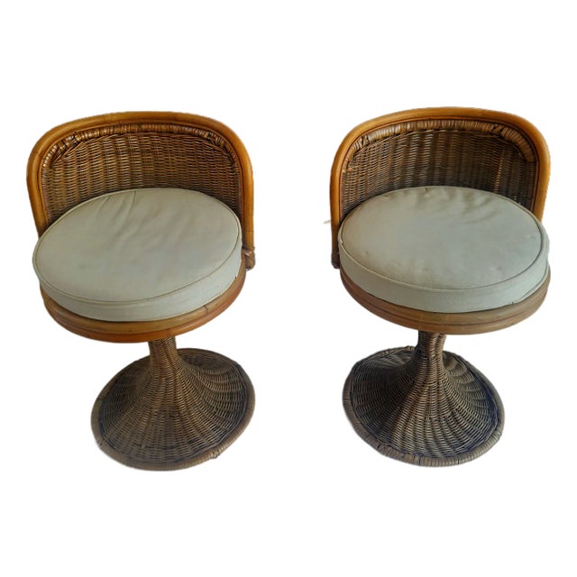 Rattan Wicker Swivel Vanity Stool For Sale