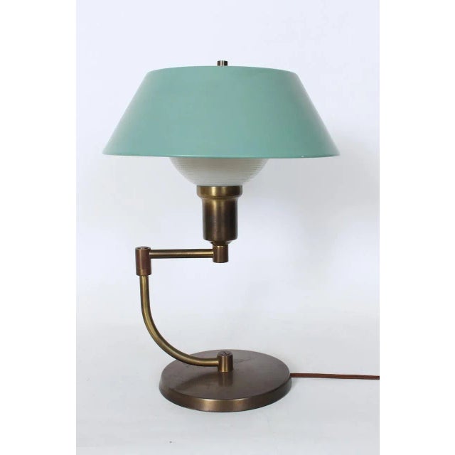 Walter Von Nessen Style Brass Swing Arm Desk Lamp with Pale Green Shade, 1940's For Sale - Image 12 of 12