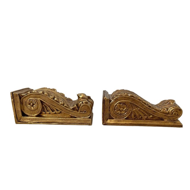 Set of 2 Solid Wood Gold Gilt Hand Carved Corbels Wall Bracket Shelves For Sale - Image 4 of 6