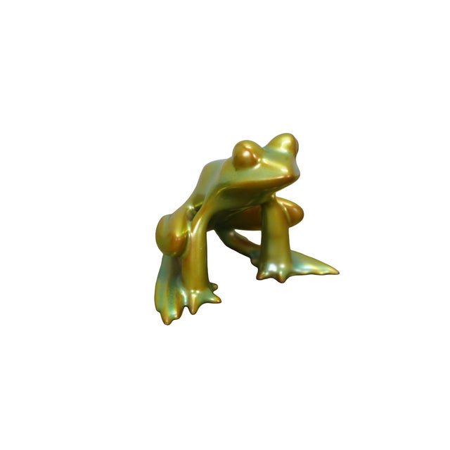Art Deco Late 20th Century Zsolnay Eosin Hungarian Iridescent Green Art Deco Frog & Girl Figurines 3" For Sale - Image 3 of 13
