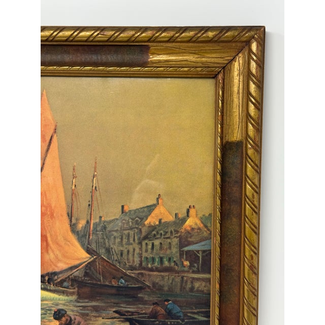 1930s Antique Georges Maroniez “Fishing Port at Twilight” Maritime Print in Gilt Frame For Sale - Image 5 of 12