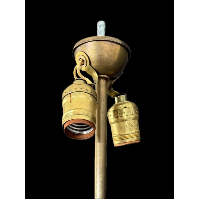 1950s Italian Brass & Wood Double Arm Student Lamp With Milk Glass Shades For Sale - Image 9 of 11