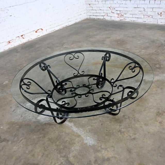 Black Vintage Rustic Spanish Revival Style Coffee Table Hand Wrought Iron Round With Glass Top For Sale - Image 8 of 17