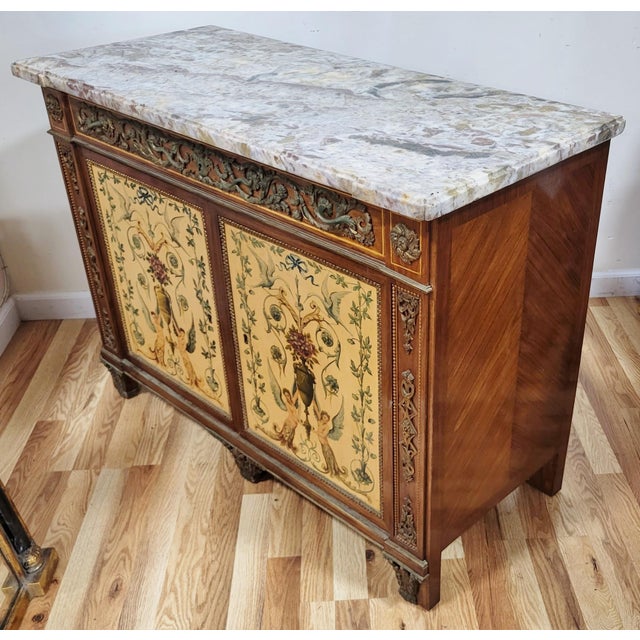 Vintage French Style Hand Painted Marble Top Buffet Server Bar For Sale - Image 4 of 16