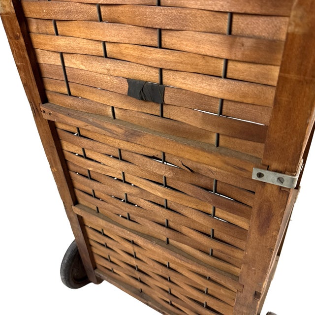 Antique 1910s Woven Splint Wood Rolling Cart Utility Basket / Wheeled Shopping Trolley For Sale - Image 17 of 18