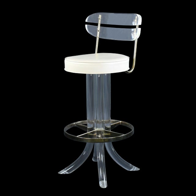 1980s Set of 4 Lucite and Brass Swivel Counter Stools For Sale - Image 4 of 5