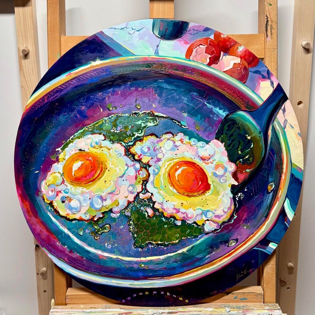 This artwork presents a vibrant depiction of crispy eggs, rendered in a lively color palette that emphasizes the glossy...