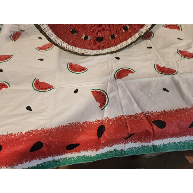 1980s Vintage Boho Chic Watermelon Wicker Picnic Basket & Matching Tablecloth Set - 2 Pieces For Sale - Image 4 of 11