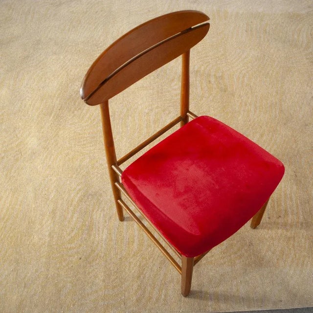 Scandinavian Wooden Chairs with Red Fabric Seat, 1960s, Set of 4, in Worn conditions. Designed 1960 to 1969