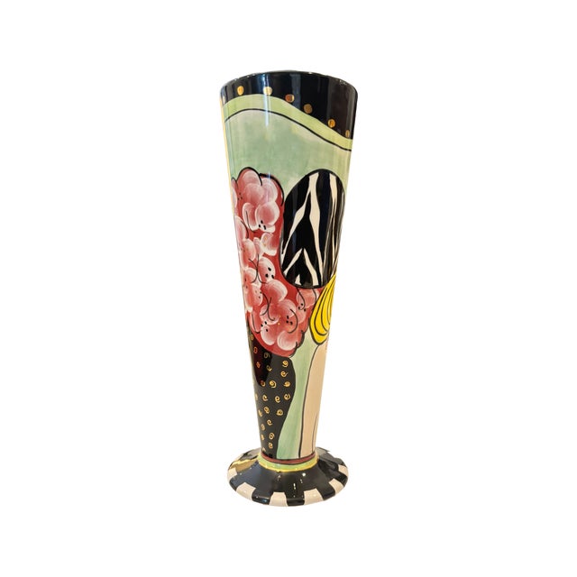 Hand-painted and signed ceramic studio vase "Lydia." Features a stylized woman in gold sunglasses and yellow hair against...