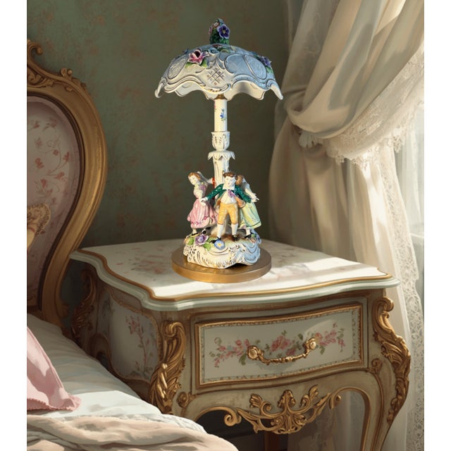 This mid‑century Von Schierholz porcelain table lamp is a richly detailed sculptural piece featuring four children holding...