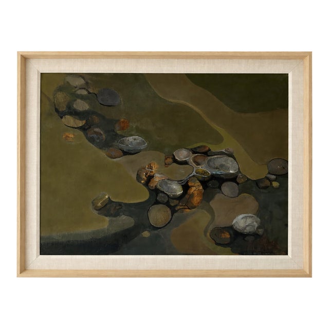 Vintage Oil and Acrylic Abstract Painting on Beveled Linen Mat and Maple Frame For Sale