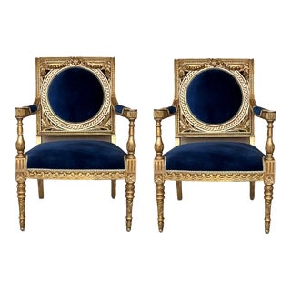 Pair of Louis XVI Style Giltwood Armchairs With Blue Klein Velvet For Sale
