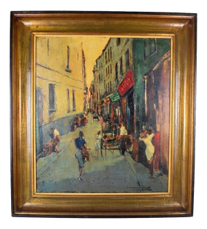 J. Van Campenhout, Rue Quincampoix, Parisian Street Scene, 1950s, Oil on Canvas, Framed