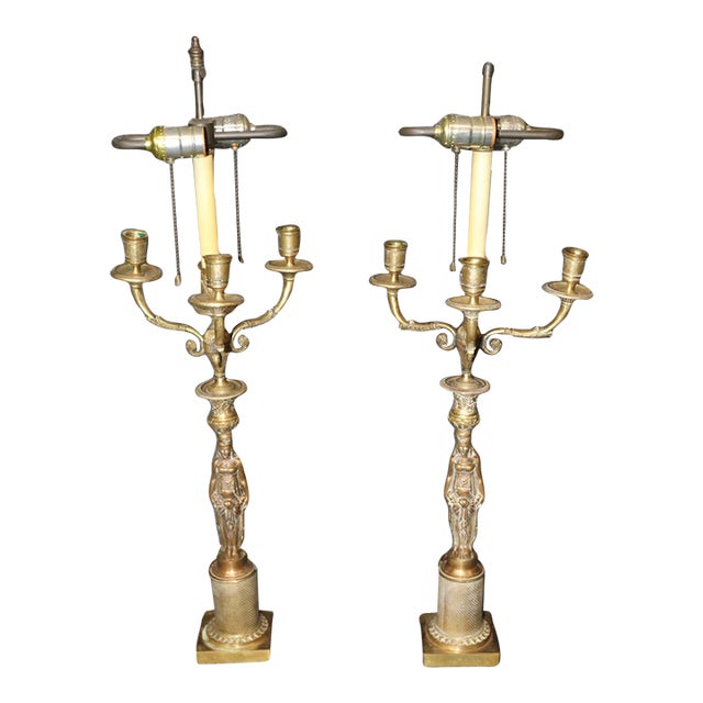Pair Figural French Figural Maidens Empire Style Gilt Metal Candelabras Lamps For Sale