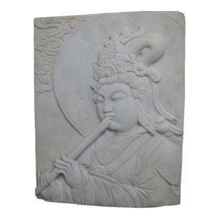 Chinese Guan Yin Buddhist Musician High Relief Carved Marble Sculpture Plaque For Sale