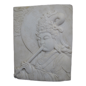 Chinese Guan Yin Buddhist Musician High Relief Carved Marble Sculpture Plaque