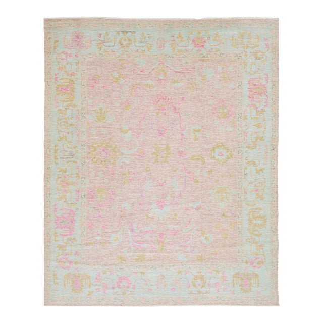 Pink Contemporary Oushak Style Wool Rug Handmade With Floral Design For Sale