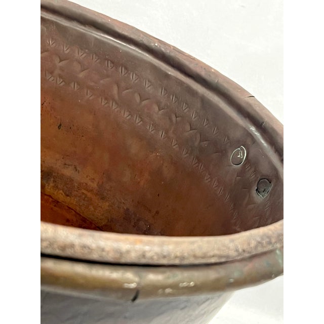 Copper Old Antique Persian Bucket, Cauldron or Pail, Hand Chased & Hammered With Cast Iron Handle, Roll Top For Sale - Image 8 of 12