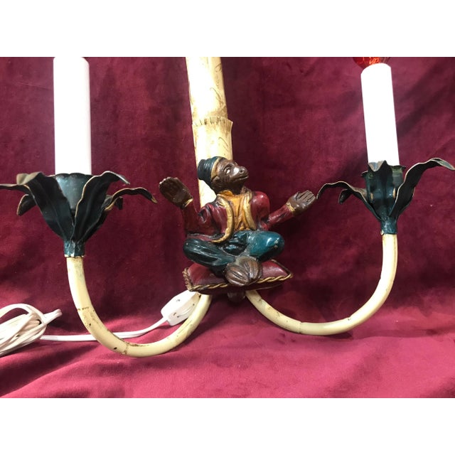 Art Deco Pair of 1980s Monkeys Palm Trees Faux Bamboo Tole Double Light With Shades Sconces For Sale - Image 3 of 3