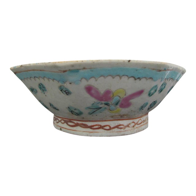 Chinese Nyonya Ware Turquoise Center Octagonal Famille Butterfly Pottery Bowl For Sale
