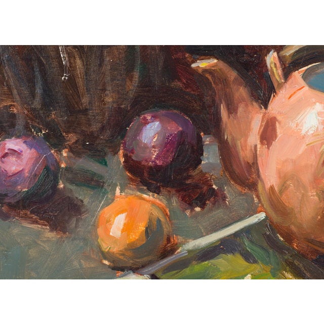 Contemporary Plum Tea, ca. 2013 by Robert Spooner | Oil on panel Still life of a teapot and fruits For Sale - Image 3 of 4