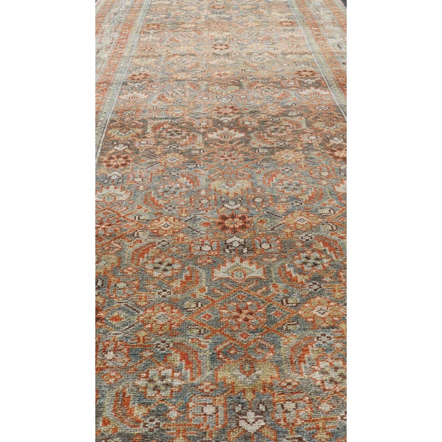 Antique Persian Malayer Runner With Allover Motif's in Soft Blue Field 3'4 X17'0 For Sale - Image 9 of 12