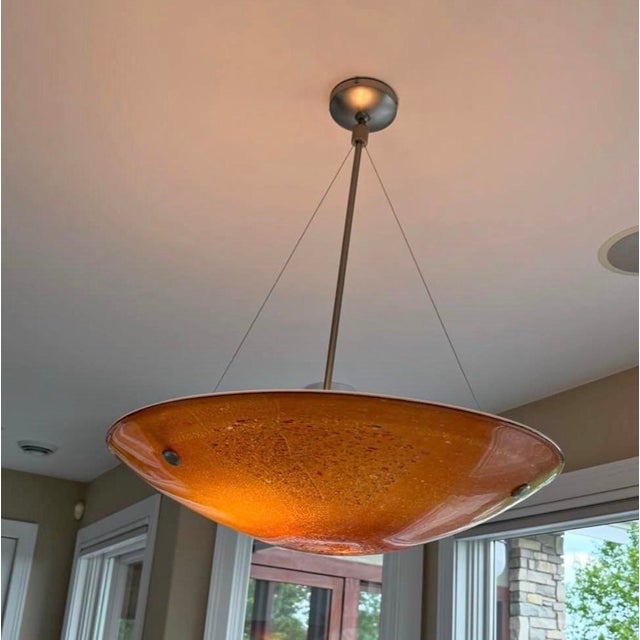 1990s Contemporary LBL Lighting Hand-Fused Amber Art Glass Bowl 30” Pendant Free White-Glove Local Delivery Up to 60 Miles. For Sale - Image 9 of 11
