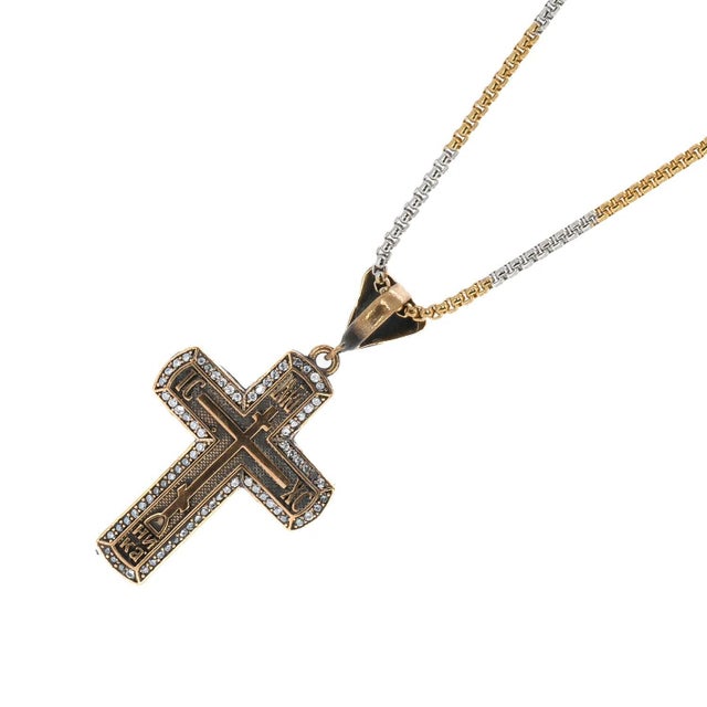 Contemporary Pave Diamond Gold Cross Chain Sterling Silver Necklace For Sale - Image 3 of 7
