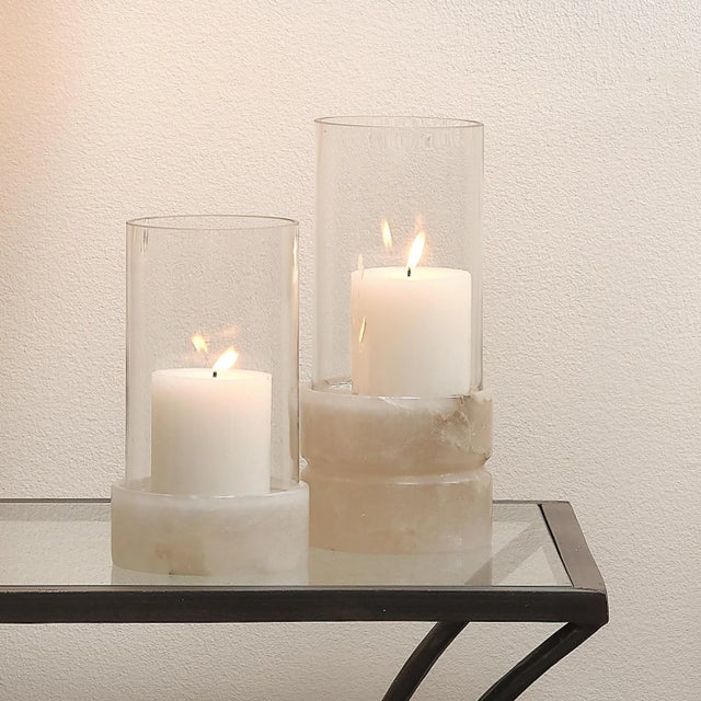 Jamie Young Charlotte Stacked Hurricane with Alabaster Base, Tall For Sale - Image 4 of 12