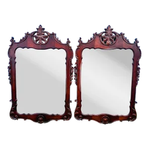 True Vintage Mahogany Highly Carved Wood Large Traditional Wall Mirrors- a Pair