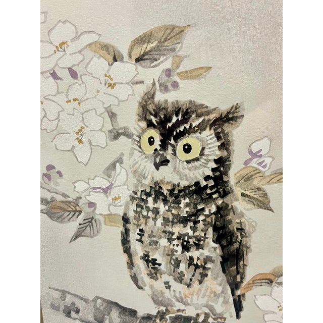 Vintage Japanese Owl Wood Block Print in Faux Bamboo Wood Frame For Sale - Image 13 of 16