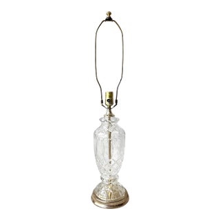 1980s Vintage Crystal & Brass Table Lamp Hollywood Regency, Criss-Cross Cuts For Sale