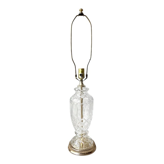 1980s Vintage Crystal & Brass Table Lamp Hollywood Regency, Criss-Cross Cuts For Sale