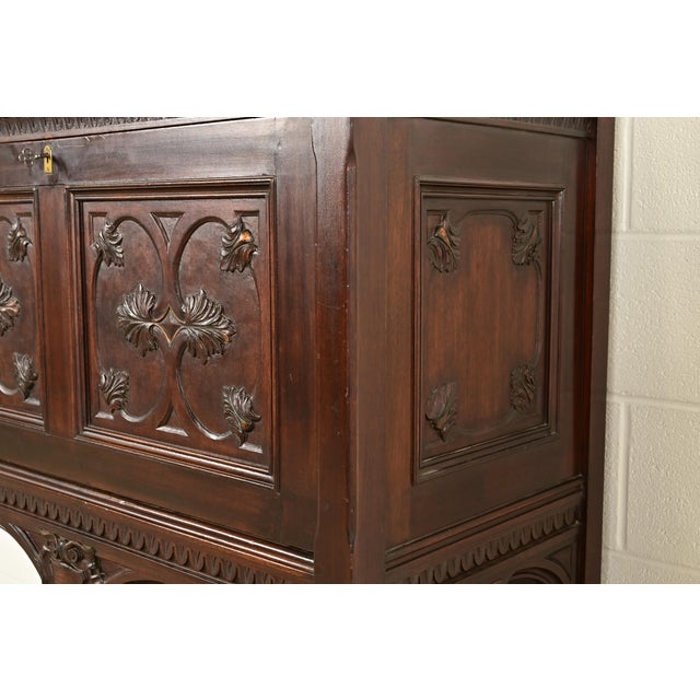 Brown Antique English Victorian or Gothic Revival Carved Walnut Drop Front Secretary Desk | Circa 1880s For Sale - Image 8 of 14