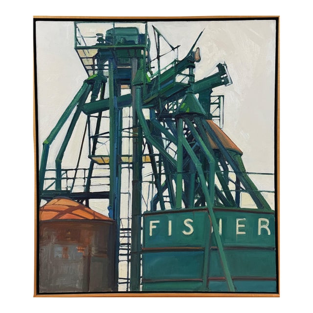 Vintage Industrial Landscape With Green Refinery Detail, Signed (1999, Oil on Canvas) For Sale