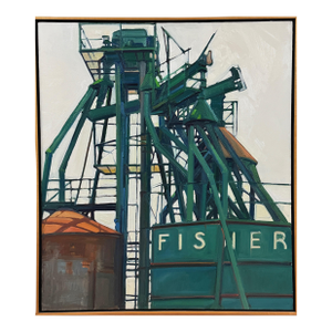 Vintage Industrial Landscape With Green Refinery Detail, Signed (1999, Oil on Canvas)