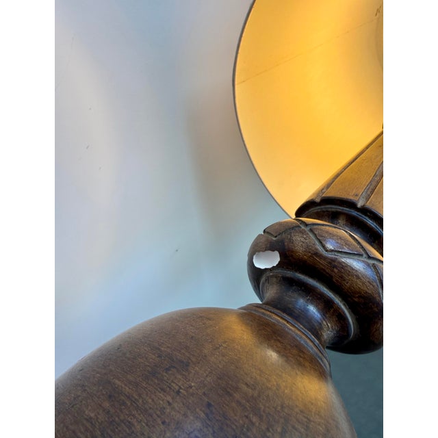Wood Vintage Monumental Carved Wood Table Lamp With Original Drum Shade For Sale - Image 7 of 7