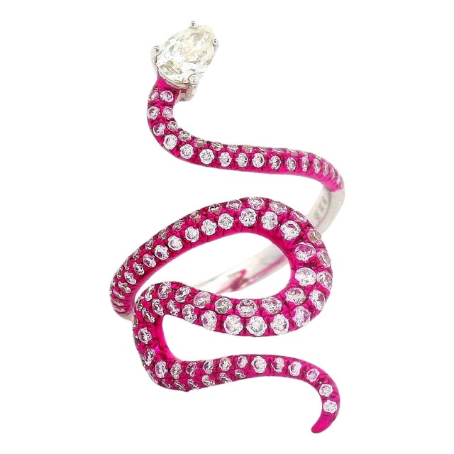 Diamond 18k White Gold Pink Rhodium Serpent Ring, Size 6.5 For Sale