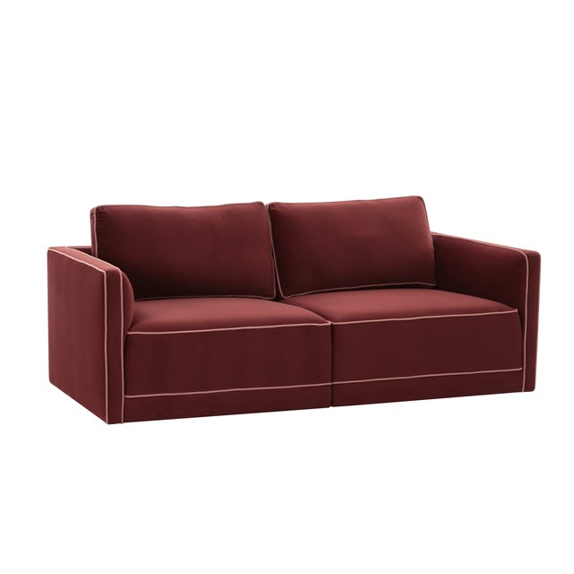 Boho Chic Willow Berry Red with Mauve Piping Modular Performance Velvet Loveseat For Sale - Image 3 of 7