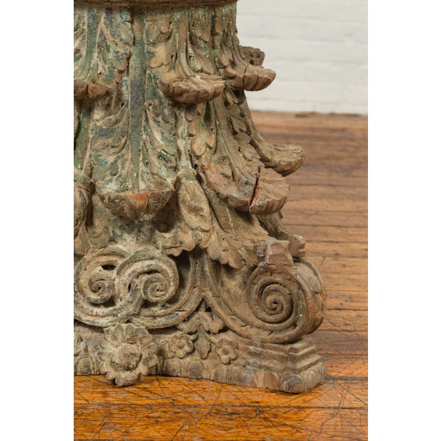 Antique Indian Corinthian Temple Capital Carving with Distressed Patina For Sale - Image 9 of 13
