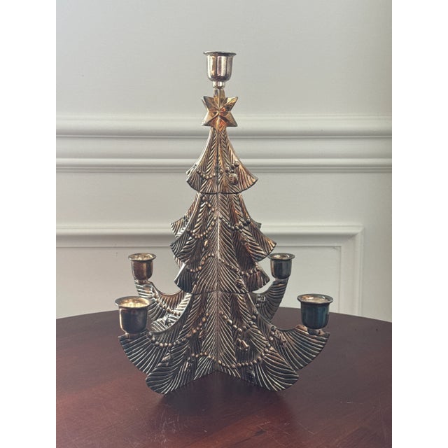 Metal 1980s Christmas Tree Silverplate Five Candle Holder For Sale - Image 7 of 10