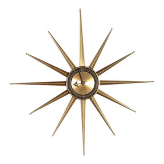 Vintage Mid Century Sessions Starbust Wall Clock 50's 60's Modern Retro Gold Black For Sale